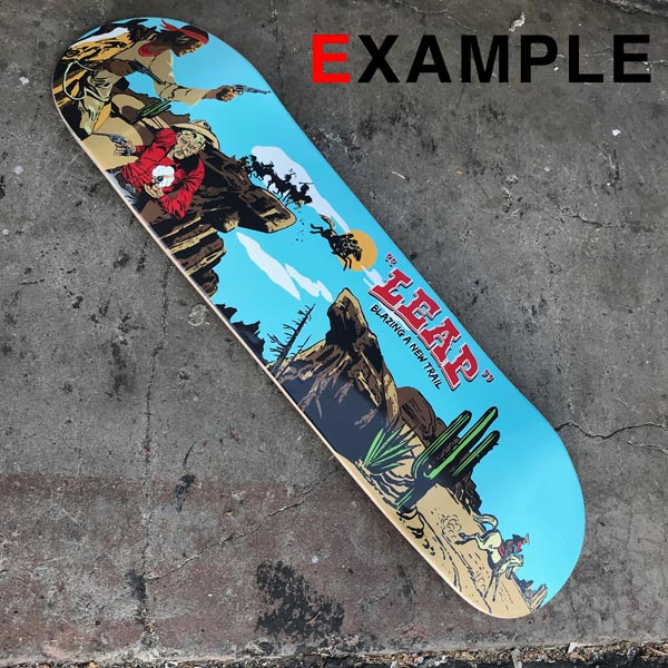 Sample custom printed skateboard decks. Single one off printing.